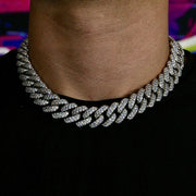 Flower Set Cuban Link Chain in White Gold - 18mm