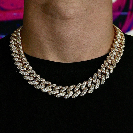 Flower Set Cuban Link Chain in Yellow Gold - 18mm