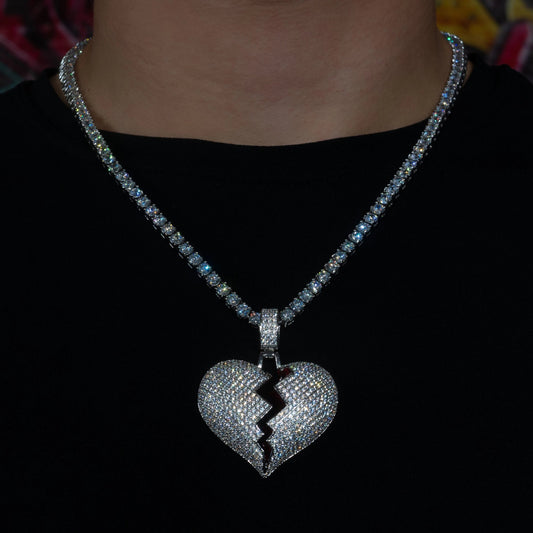 Iced Broken Heart Pendant in White Gold