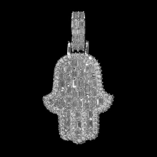 Iced Mini Emerald Hamsa Hand Pendant in White Gold