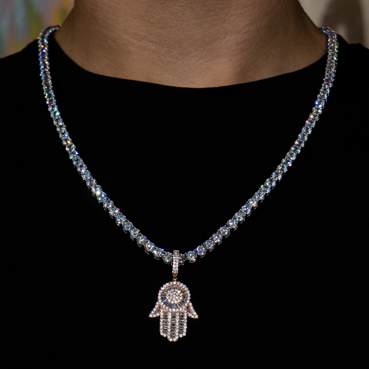 Iced Baguette Hamsa Hand Pendant in Rose Gold