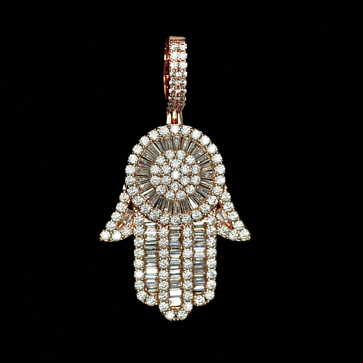 Iced Baguette Hamsa Hand Pendant in Rose Gold