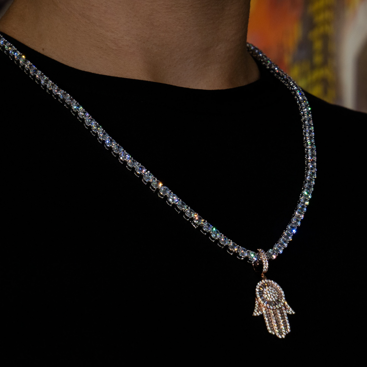 Iced Baguette Hamsa Hand Pendant in Rose Gold