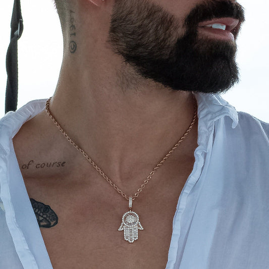 Iced Baguette Hamsa Hand Pendant in Rose Gold