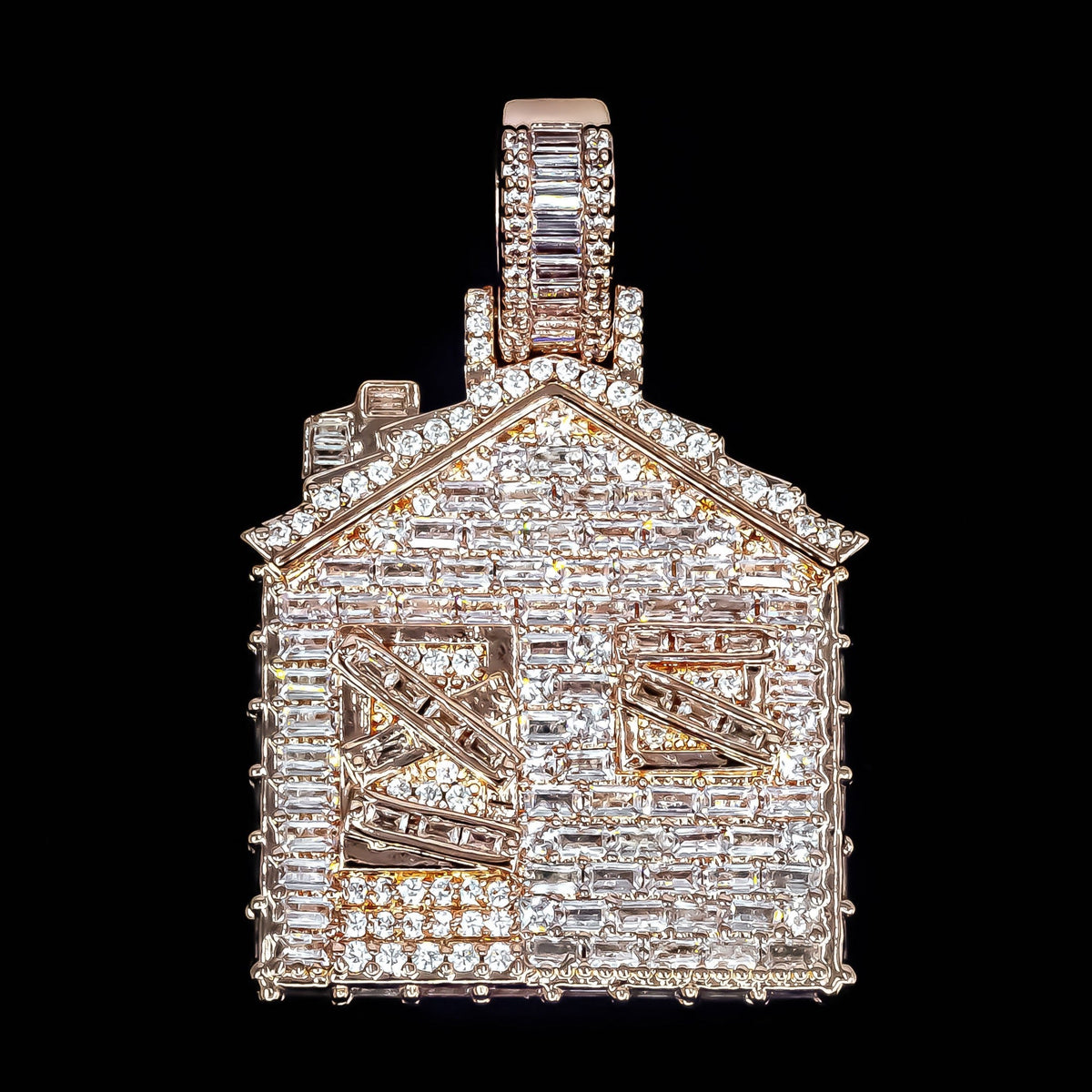 Iced Baguette Trap House Pendant in Rose Gold
