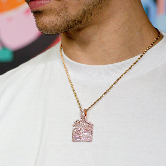 Iced Baguette Trap House Pendant in Rose Gold