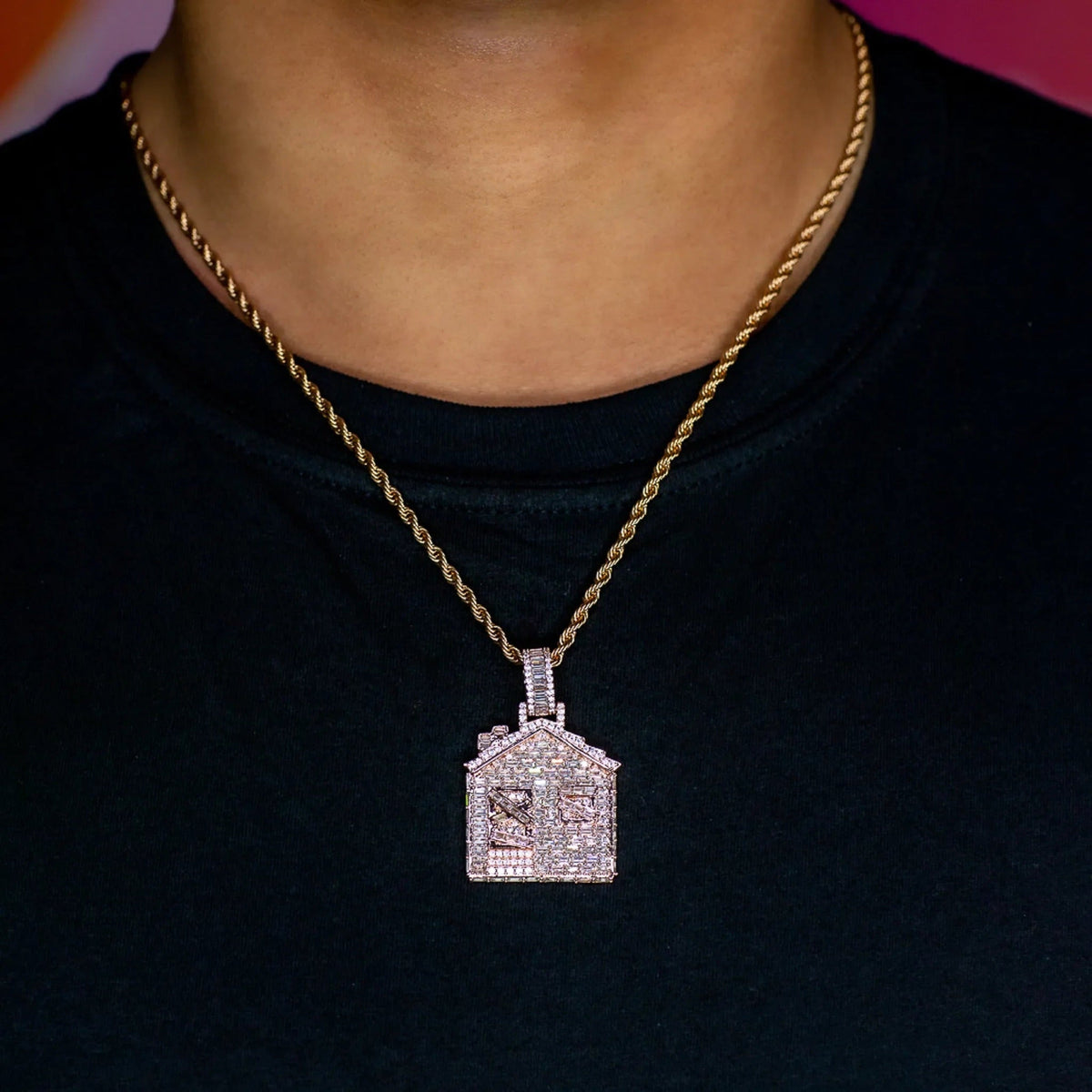 Iced Baguette Trap House Pendant in Rose Gold