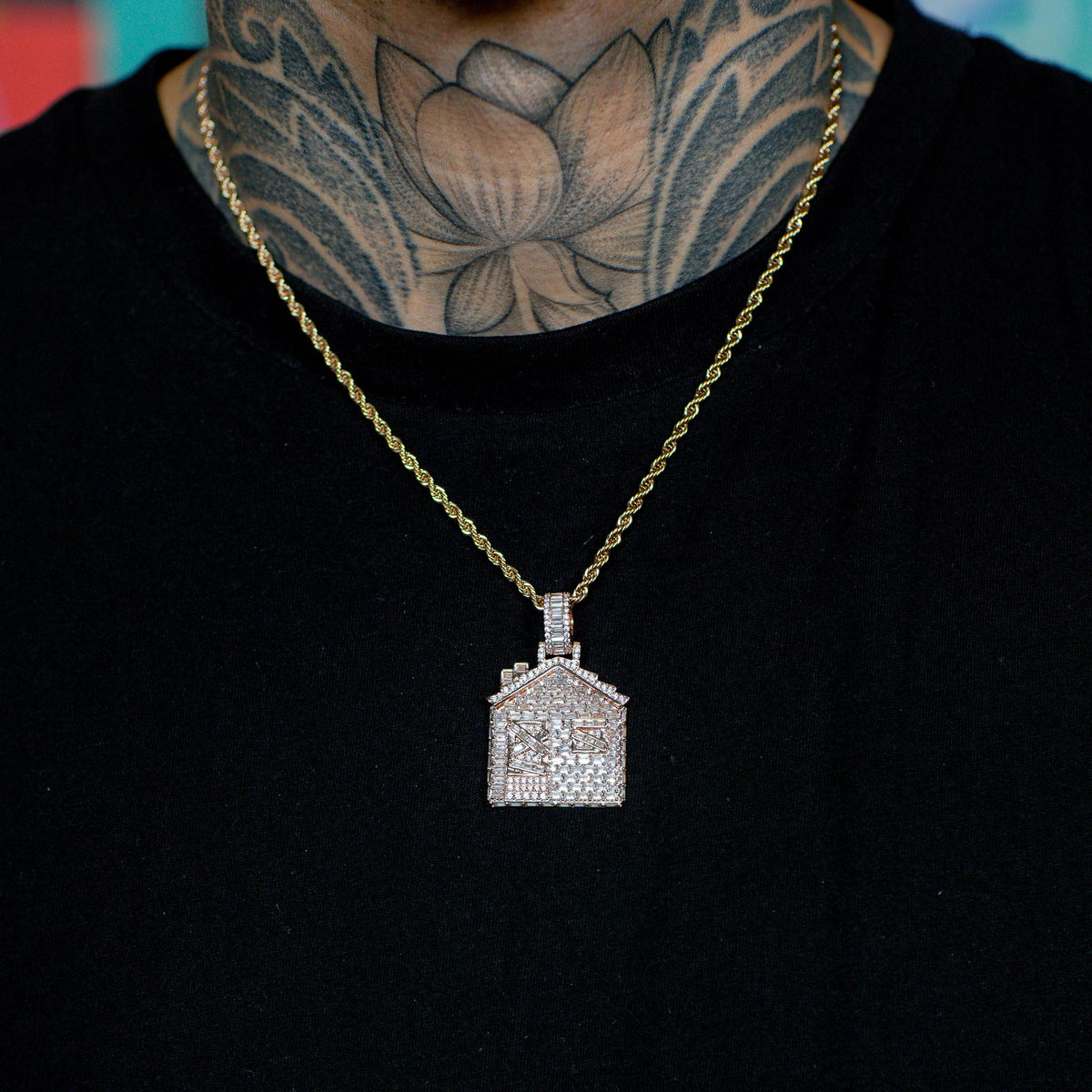 Iced Baguette Trap House Pendant in Rose Gold