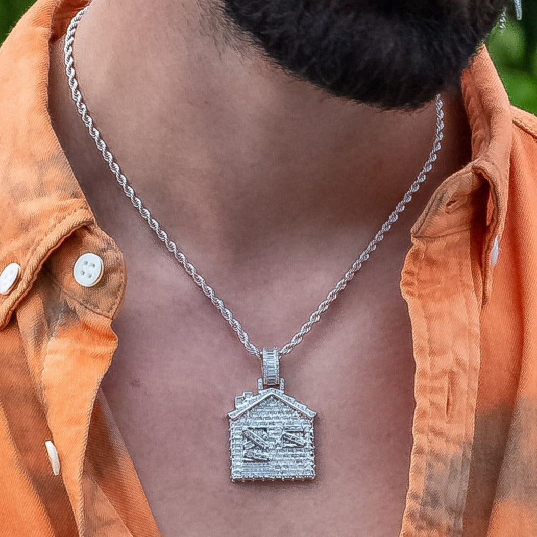 Iced Baguette Trap House Pendant in White Gold