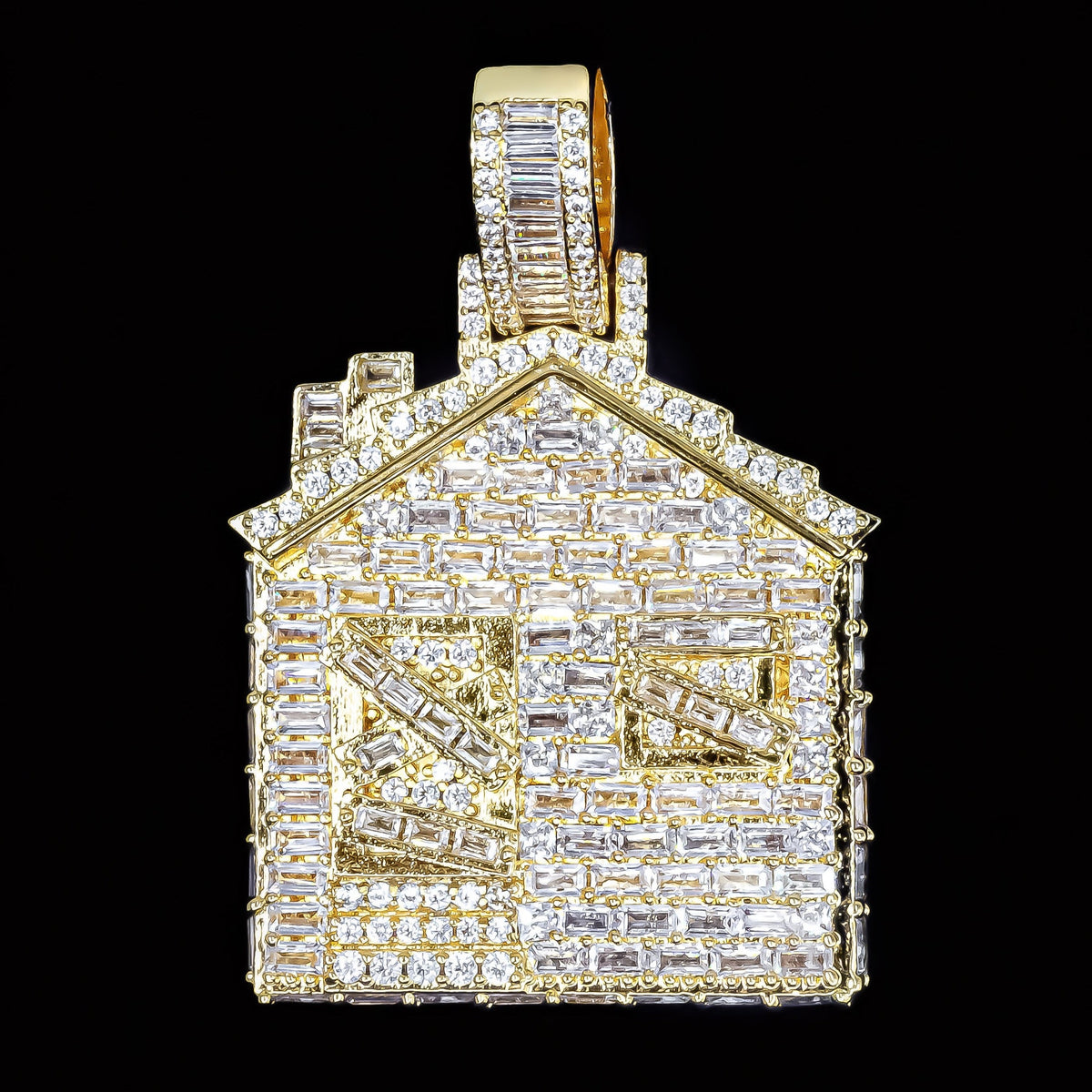 Iced Baguette Trap House Pendant in Yellow Gold