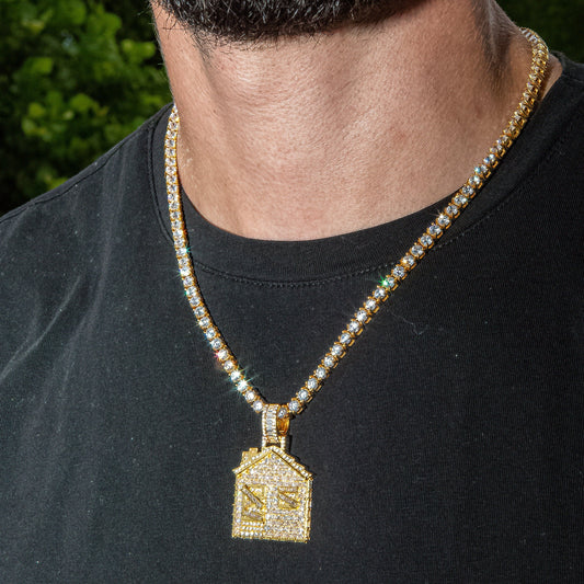 Iced Baguette Trap House Pendant in Yellow Gold