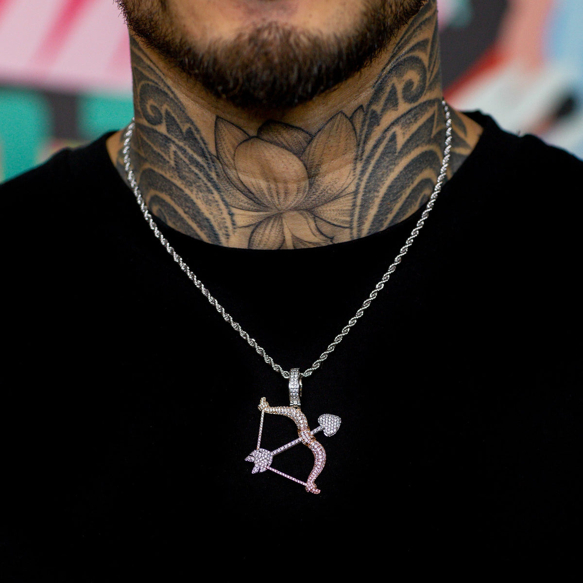 Iced Bow And Arrow Pendant in White & Rose Gold