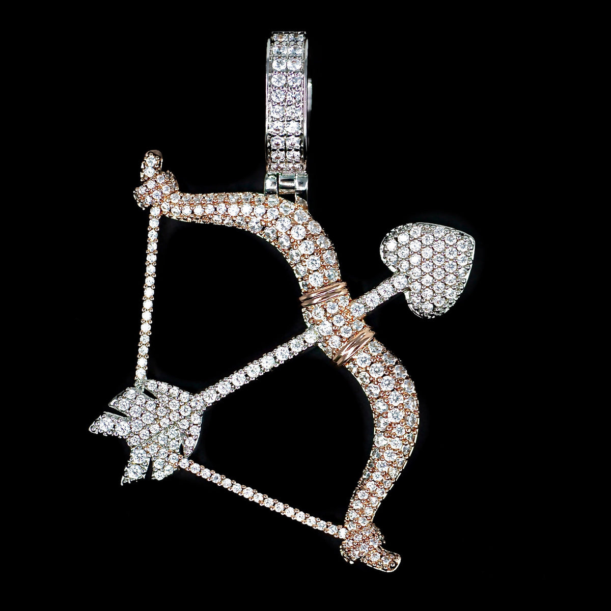 Iced Bow And Arrow Pendant in White & Rose Gold