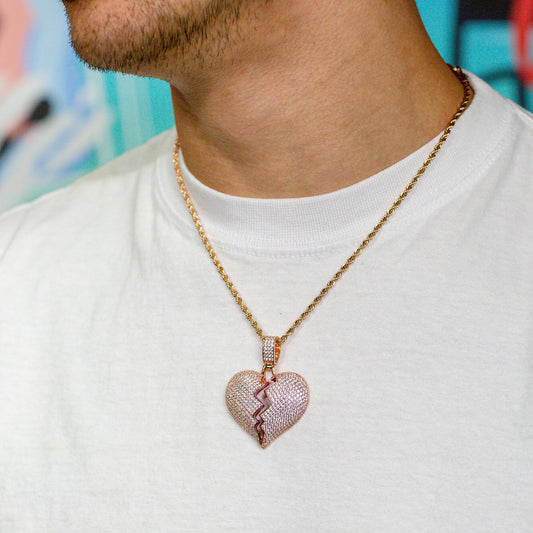 Iced Broken Heart Pendant in Rose Gold