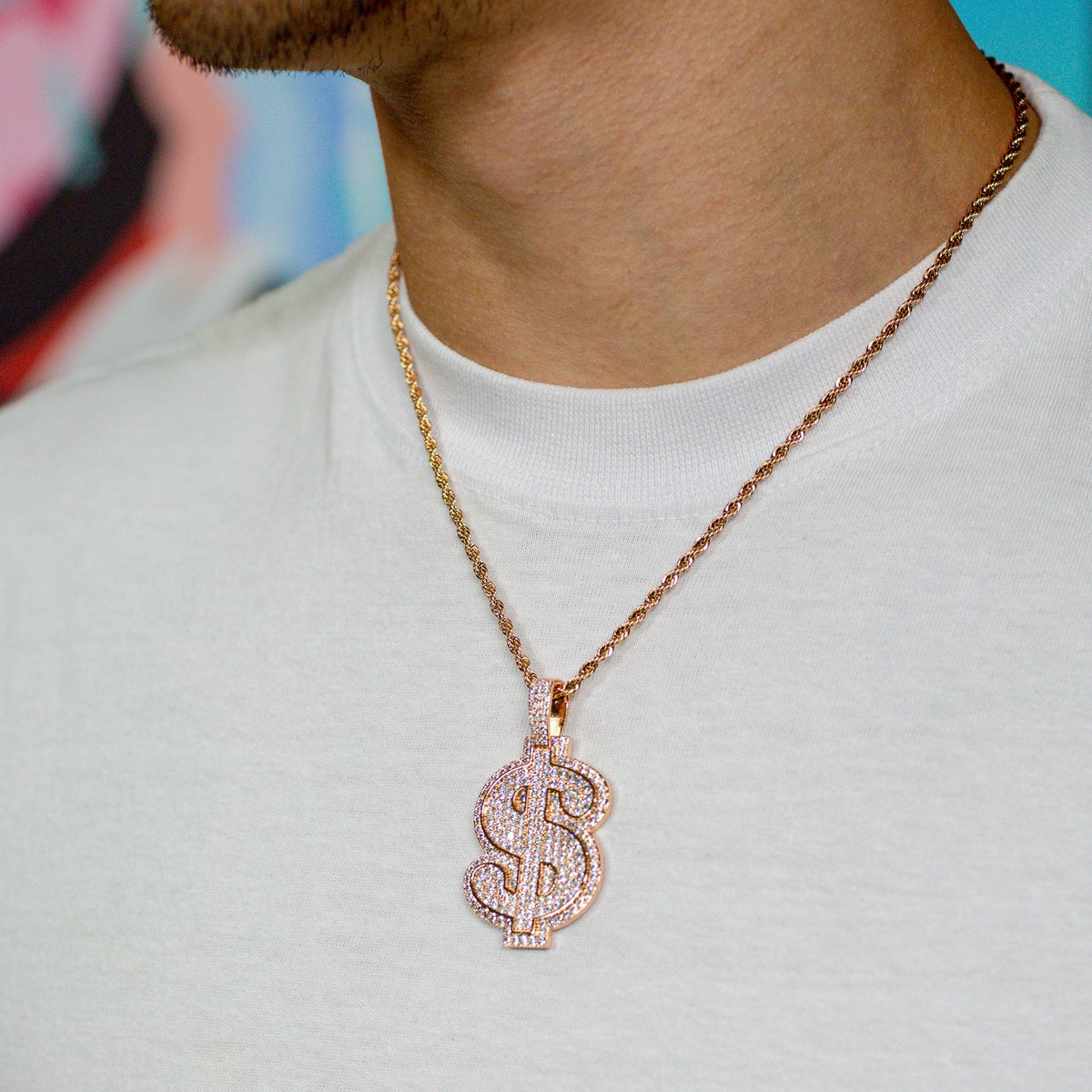 Iced Dollar Sign Pendant in Rose Gold
