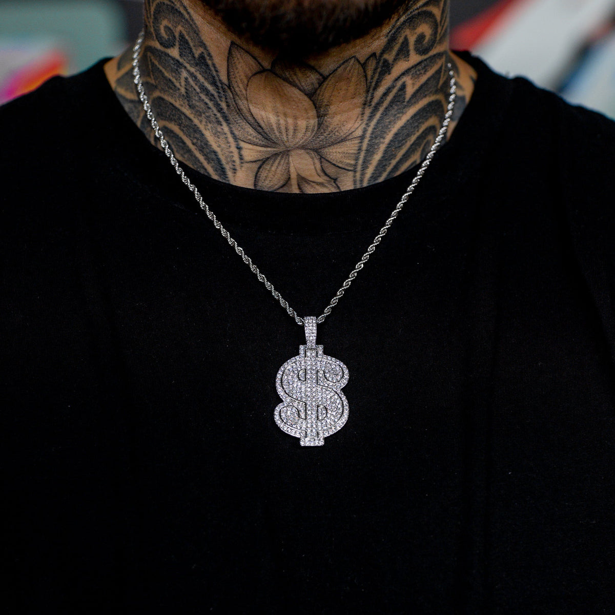 Iced Dollar Sign Pendant in White Gold