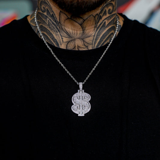 Iced Dollar Sign Pendant in White Gold