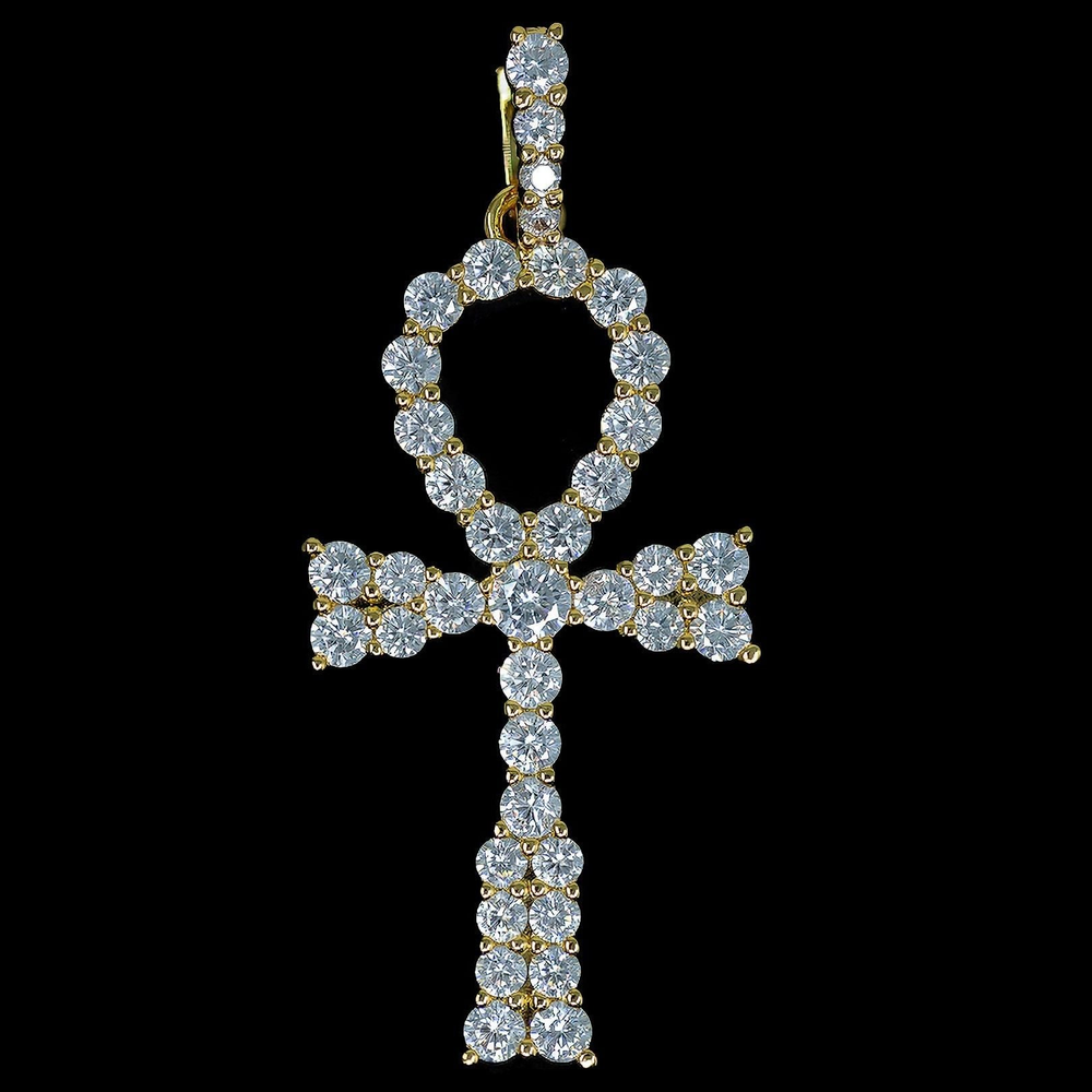 Iced Egyptian Ankh Cross Pendant in Yellow Gold
