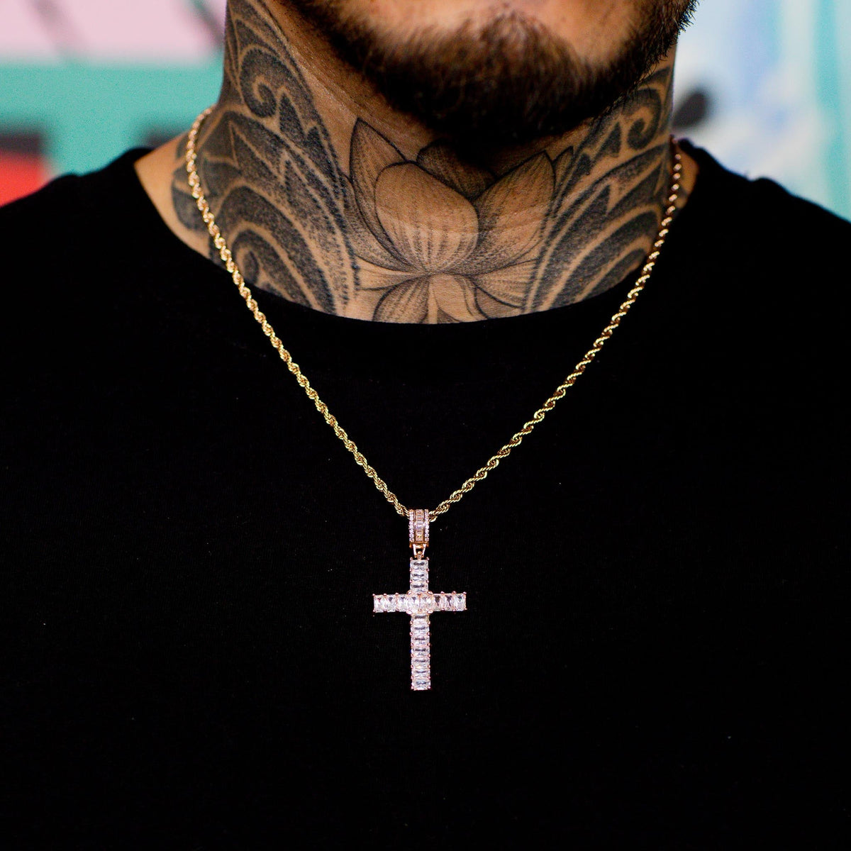 Iced Emerald Cross Pendant in Rose Gold