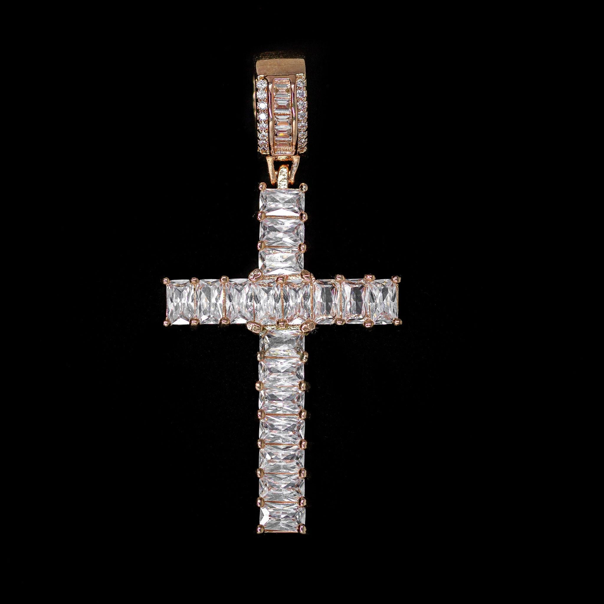 Iced Emerald Cross Pendant in Rose Gold