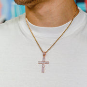 Iced Emerald Cross Pendant in Rose Gold