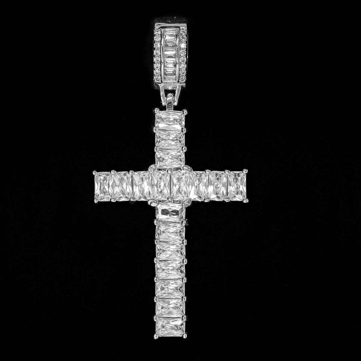 Iced Emerald Cross Pendant in White Gold