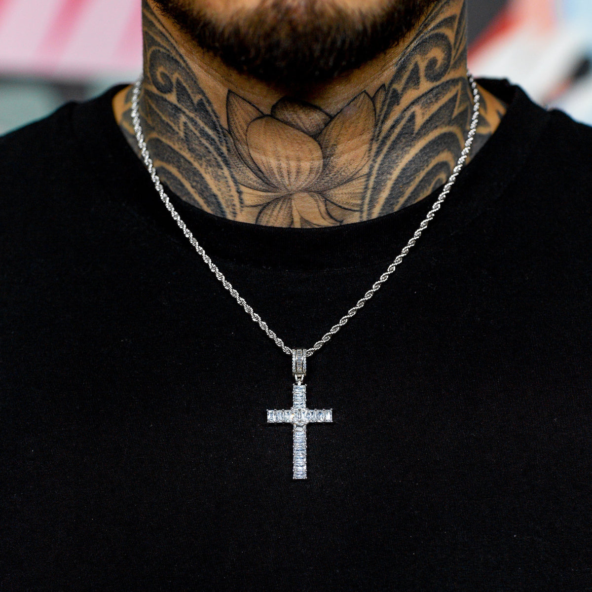 Iced Emerald Cross Pendant in White Gold