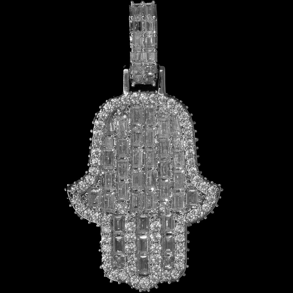 Iced Emerald Hamsa Hand Pendant in White Gold