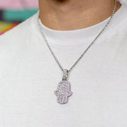 Iced Emerald Hamsa Hand Pendant in White Gold