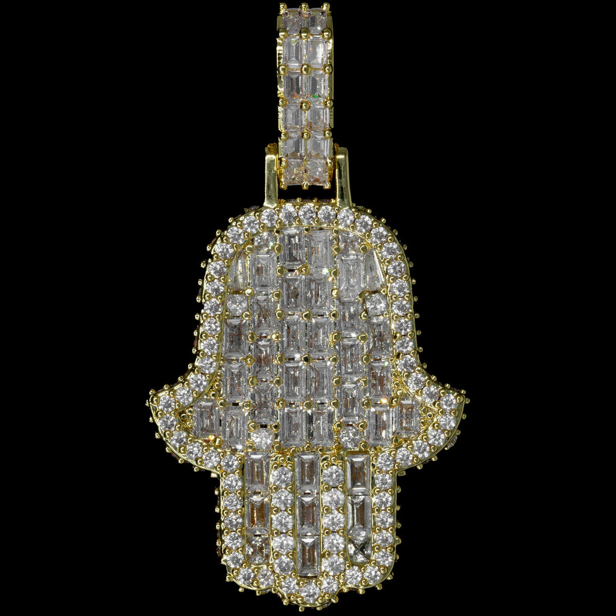 Iced Emerald Hamsa Hand Pendant in Yellow Gold