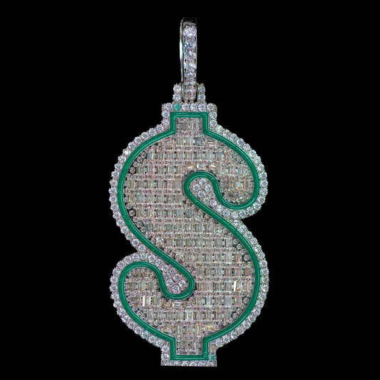 Iced Green Dollar Sign Pendant in White Gold