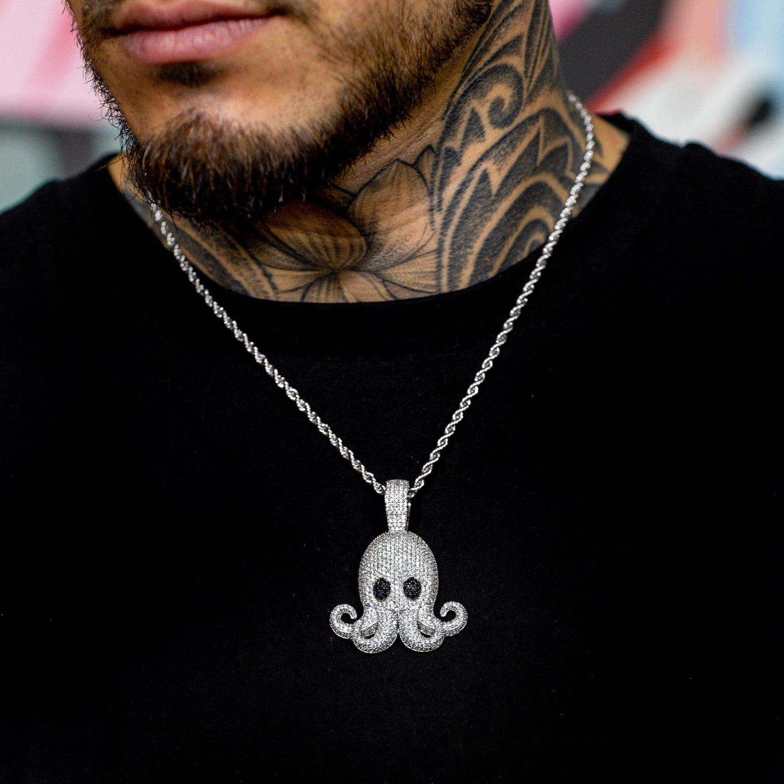 Iced Octopus Pendant in White Gold