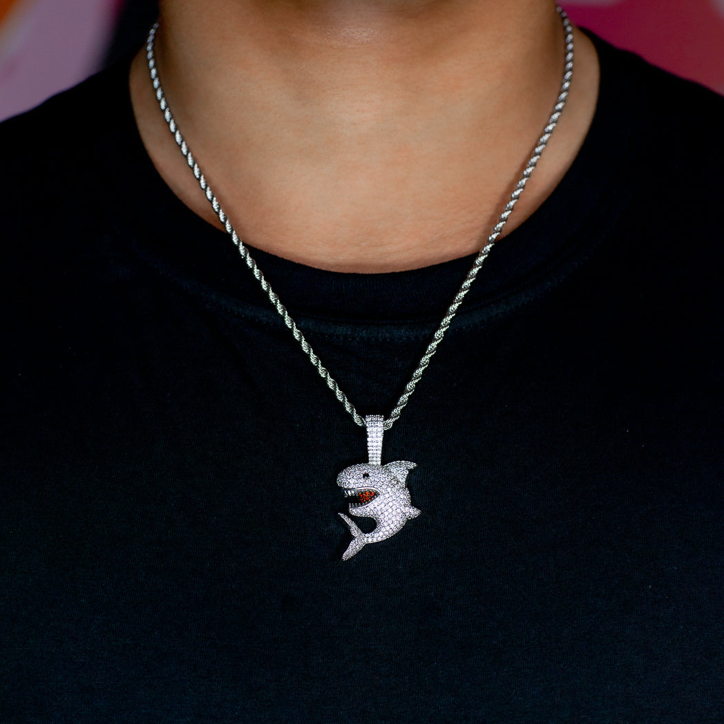 Iced Shark Pendant in White Gold