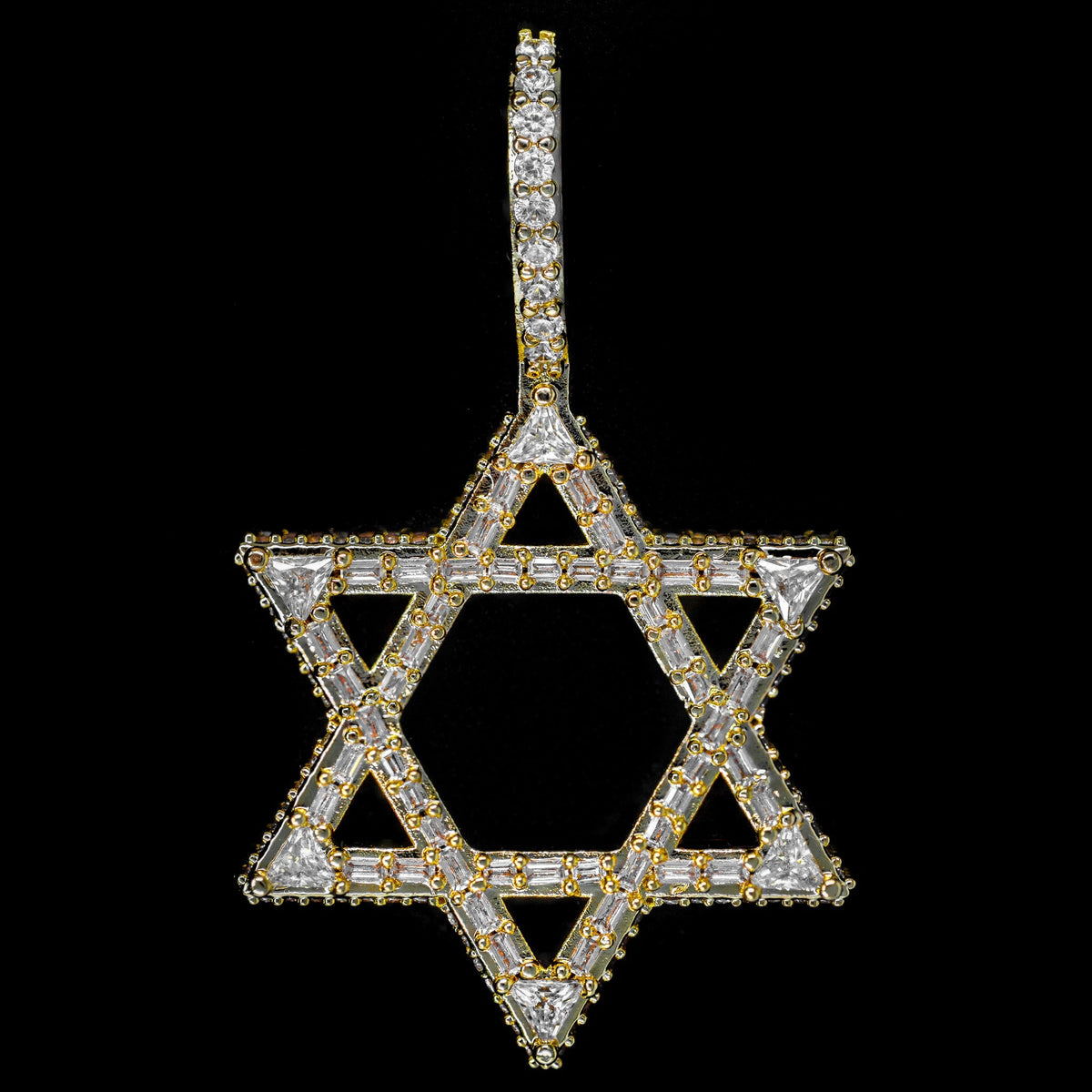 Iced Star of David in Yellow Gold - Baguette Setting Pendant