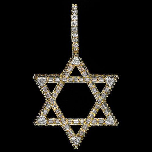 Iced Star of David in Yellow Gold - Baguette Setting Pendant