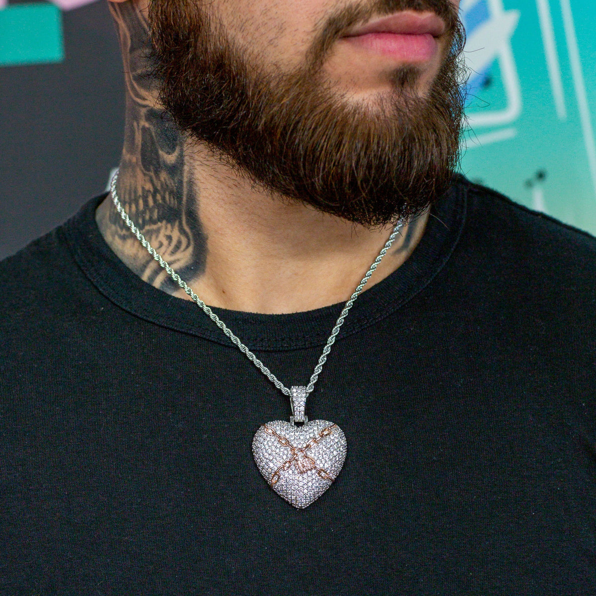 Iced White & Rose Lock Heart Pendant