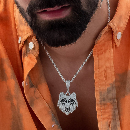 Iced Wolf Pendant in White Gold